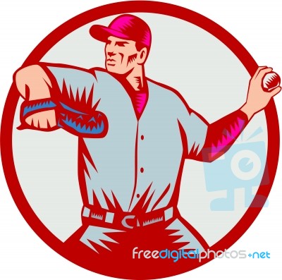 Baseball Pitcher Throwing Ball Circle Side Woodcut Stock Image