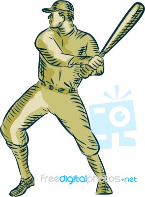 Baseball Player Batter Batting Bat Etching Stock Image