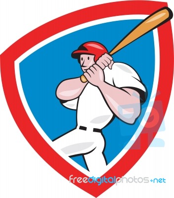 Baseball Player Batting Crest Red Cartoon Stock Image