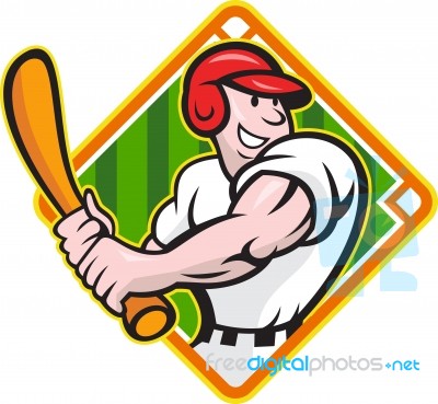 Baseball Player Batting Diamond Cartoon Stock Image