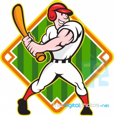 Baseball Player Batting Diamond Cartoon Stock Image