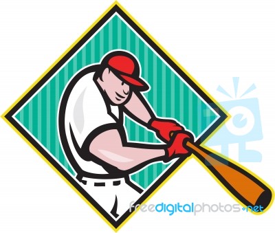 Baseball Player Batting Diamond Cartoon Stock Image