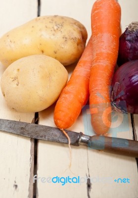 Basic Vegetable Ingredients Carrot Potato Onion Stock Photo