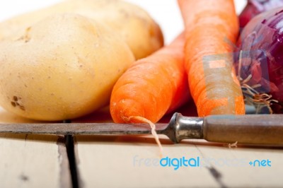 Basic Vegetable Ingredients Carrot Potato Onion Stock Photo