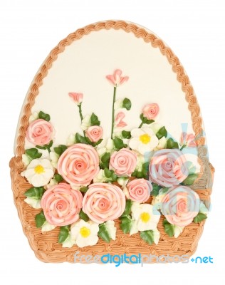 Basket Shape Cake With Flower Stock Photo