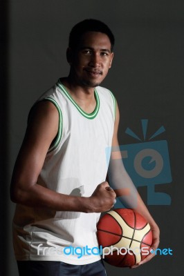 Basketball Player Hold Ball For Shoot Stock Photo