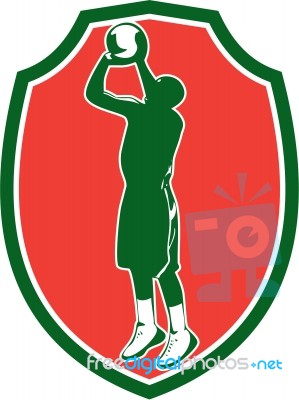 Basketball Player Jump Shot Ball Shield Retro Stock Image