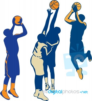 Basketball Player Shoot Ball Retro Collection Stock Image