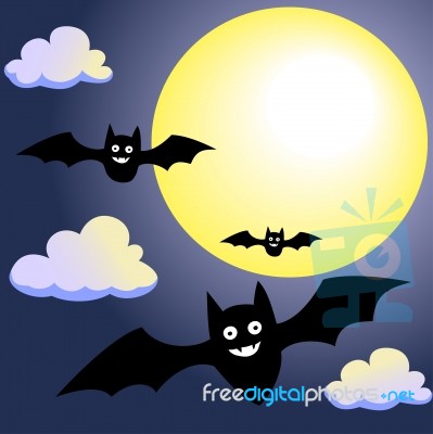 Bat With Moon And Clouds On Night Sky- Illustration Stock Image