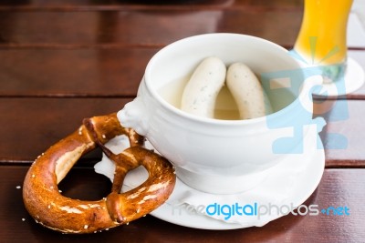 Bavarian Weisswurst, Pretzel And Beer Stock Photo