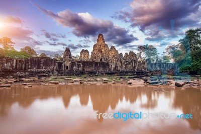 Bayon Temple With Giant Stone Faces, Angkor Wat, Siem Reap, Cambodia Stock Photo