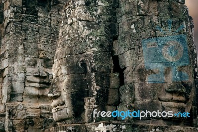 Bayon Temple With Giant Stone Faces, Angkor Wat, Siem Reap, Cambodia Stock Photo