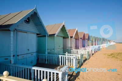 Beach Huts At West Mersea Stock Photo