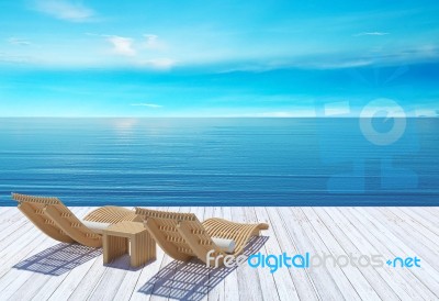 Beach Lounge, Sundeck Over Blue Sea And Sky, Summer Holiday Vacation Concept Stock Image