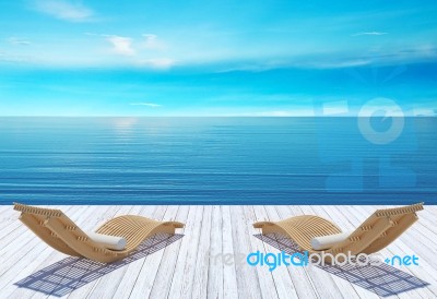 Beach Lounge, Sundeck Over Blue Sea And Sky, Summer Holiday Vacation Concept Stock Image