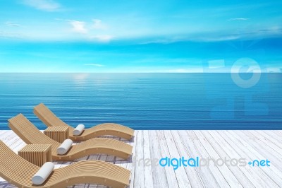 Beach Lounge, Sundeck Over Blue Sea And Sky, Summer Holiday Vacation Concept Stock Image