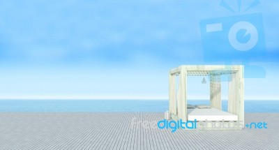 Beach Lounge With Sundeck On Sea View And Blue Sky Background-3d… Stock Image