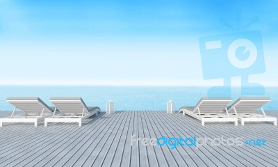 Beach Lounge With Sundeck On Sea View And Blue Sky Background-3d… Stock Image