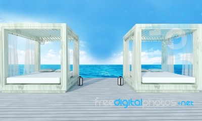 Beach Lounge With Sundeck On Sea View And Blue Sky Background-3d… Stock Image