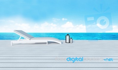 Beach Lounge With Sundeck On Sea View And Blue Sky Background-3d… Stock Image