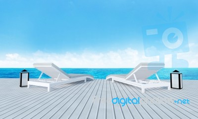 Beach Lounge With Sundeck On Sea View And Blue Sky Background-3d… Stock Image