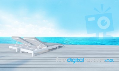 Beach Lounge With Sundeck On Sea View And Blue Sky Background-3d… Stock Image