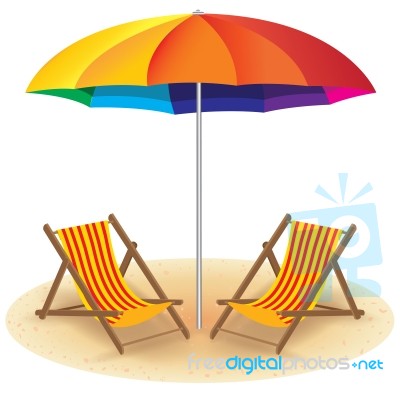 Beach Umbrella And Chair. Seashore With Beach Umbrella And Chair… Stock Image