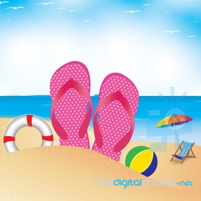 Beach Umbrella With Chair On The Beach. Slipper And Football In Sand Stock Image