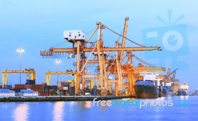 Beaitiful Landscape Of Heavy Crane Tool In Ship Port And Contain… Stock Photo