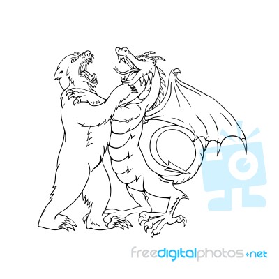 Bear Fighting Chinese Dragon Drawing Black And White Stock Image