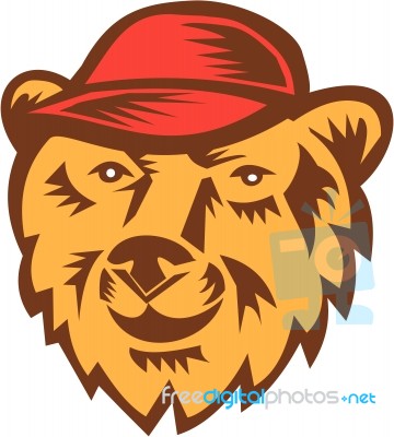 Bear Head Wearing Hat Woodcut Stock Image