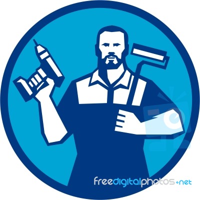 Bearded Handyman Cordless Drill Paintroller Circle Retro Stock Image