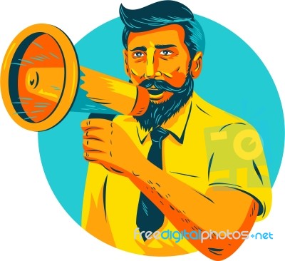 Bearded Hipster Man With Megaphone Wpa Stock Image