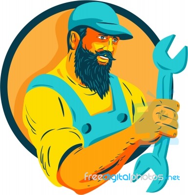 Bearded Mechanic Holding Spanner Circle Wpa Stock Image