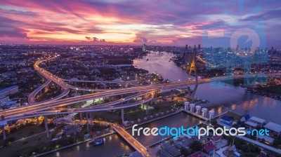 Beautiful Aerial View Of Bangkok Dramatic Sky At Bhumiphol Bridge Important Landmark And Urban Traffic Bangkok Thailand Stock Photo