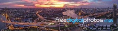 Beautiful Aerial View Of Bangkok Dramatic Sky At Bhumiphol Bridge Important Landmark And Urban Traffic Bangkok Thailand Stock Photo