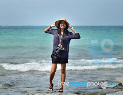 Beautiful Asian Woman On Beach Stock Photo