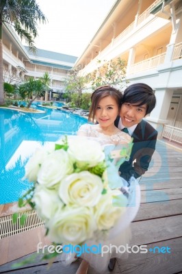 Beautiful Asian Young Bride And Groom Stock Photo