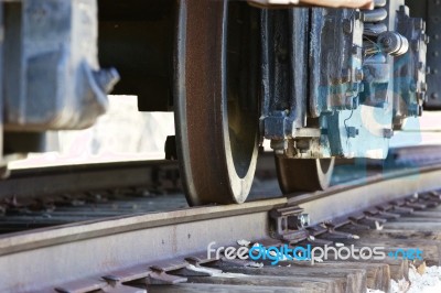 Beautiful Background With The Moving Wheels Of A Train And The Railway Stock Photo