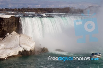 Beautiful Background With The Niagara Falls And The Ship Stock Photo