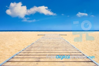 Beautiful Beach And Sea With Wooden Floor Stock Photo