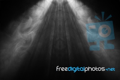 Beautiful Black And White Color Wide Lens Projector With Light Beam For Movie And Cinema At Night . Smoke Texture Spotlight . Screening For Multimedia . Abstract Background  Stock Photo