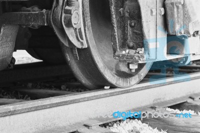 Beautiful Black And White Photo The Old Train Wheels And The Road Stock Photo