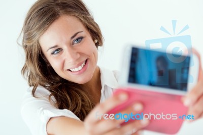 Beautiful Blonde Girl Taking Selfie. Isolated On White Stock Photo