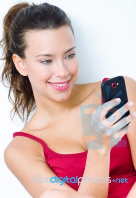 Beautiful Brunette Woman Looking The Mobile Stock Photo