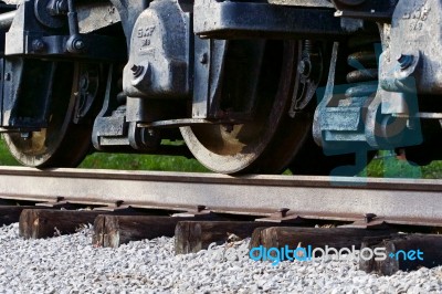 Beautiful Closeup Of The Train Wheels Stock Photo