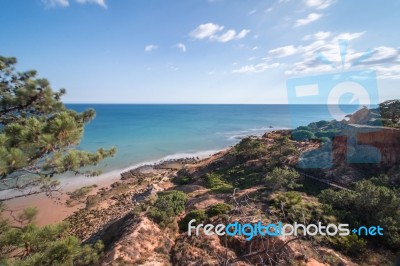 Beautiful Coastline Of Olhos D'agua Near Vilamoura Stock Photo