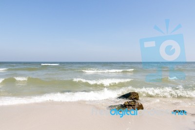 Beautiful Empty Beach With Blue Sky Background Stock Photo