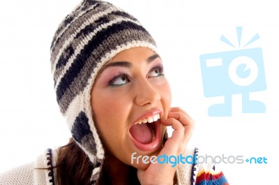 Beautiful Face Of Woman Wearing Cap Stock Photo