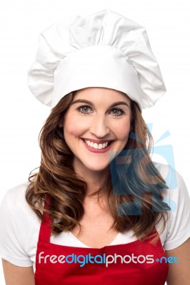 Beautiful Female Chef Over White Stock Photo